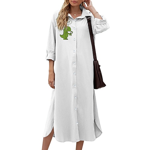 

Women's Shift Dress Midi Dress White 3/4 Length Sleeve Letter Animal Button Print Fall Spring Shirt Collar Casual Fashion 2022 S M L XL XXL 3XL