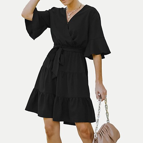 

Women's A Line Dress Short Mini Dress Black Short Sleeve Pure Color Lace up Ruffle Spring Summer V Neck Elegant Modern 2022 S M L XL XXL