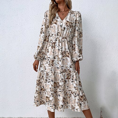 

Mulheres Vestido Swing Vestido floral Vestido midi Preto Roxo Branco Manga Longa Floral Imprimir Inverno Outono Decote V Moderno Roupa de inverno Final de semana Vestido de outono Ajuste Largo 2022 S