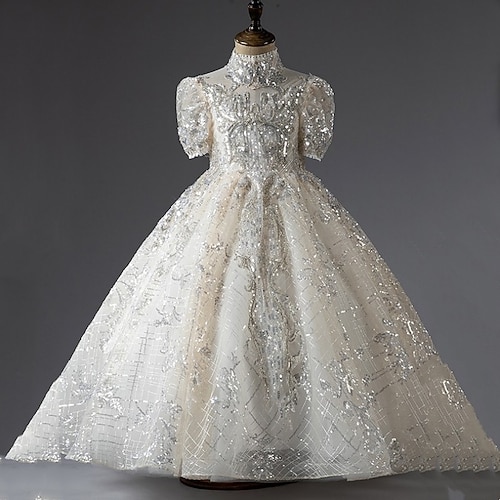

Party Halloween Princess Flower Girl Dresses High Neck Floor Length Tulle Spring Summer with Lace Paillette Cute Girls' Party Dress Fit 3-16 Years
