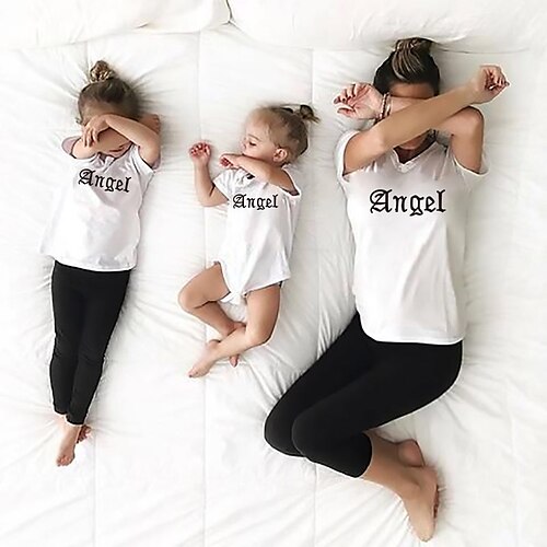 

Mommy and Me T shirt Tops Letter Daily Print White Gray Pink Short Sleeve Basic Matching Outfits