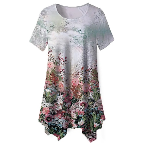 

Women's Plus Size Tops Blouse Shirt Floral Print Short Sleeve Crewneck Streetwear Daily Going out Polyester Spring Summer Blue Gray