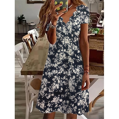 

Women's Casual Dress Shift Dress Midi Dress Navy Blue Short Sleeve Floral Print Spring Summer V Neck 2022 S M L XL XXL 3XL