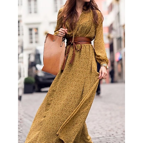 

Women's A Line Dress Maxi long Dress Yellow Long Sleeve Print With Belt Print Spring Summer V Neck Stylish Casual 2022 S M L XL XXL 3XL 4XL