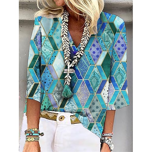 

Women's Blouse Geometric Daily Weekend Geometric Blouse Shirt 3/4 Length Sleeve Print V Neck Casual Streetwear Blue S / 3D Print
