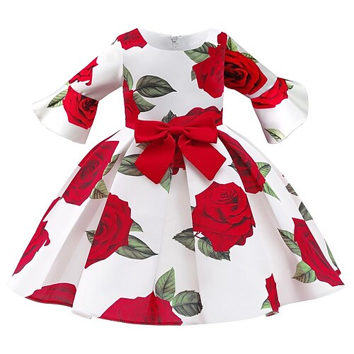 

Kids Girls' Dress Flower Skater Dress Knee-length Dress Special Occasion Bow Half Sleeve Cute Dress 3-10 Years Spring Green White