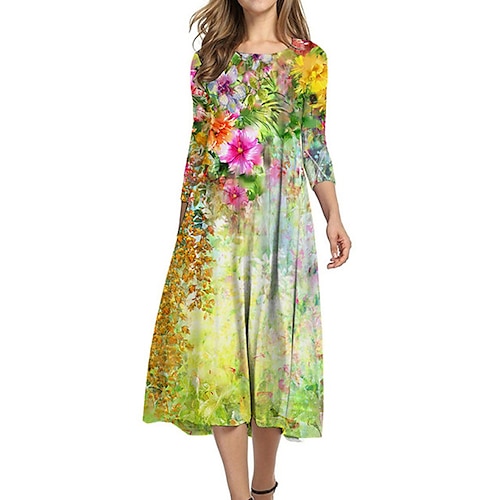 

Women's Shift Dress Midi Dress Green Brown 3/4 Length Sleeve Floral Geometric Ruched Print Fall Spring Round Neck Casual Vacation 2022 S M L XL XXL 3XL