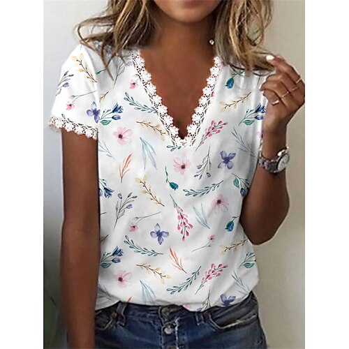 

Women's T shirt Tee Flower Casual Daily Holiday Floral T shirt Tee Short Sleeve Patchwork Lace Trims Print V Neck Basic Essential White S / 3D Print