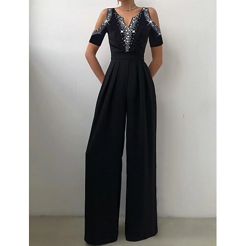 

Women's Jumpsuit Solid Color V Neck Elegant Party Prom Straight Regular Fit Short Sleeve Black S M L Spring