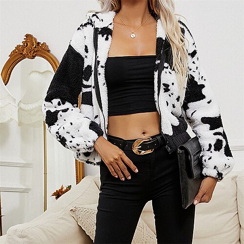 

Women's Sherpa jacket Teddy Coat Hoodie Jacket Windproof Warm Outdoor Street Daily Going out Full Zip Print Zipper Hoodie Casual Print Regular Fit Outerwear Long Sleeve Winter Fall White S M L XL