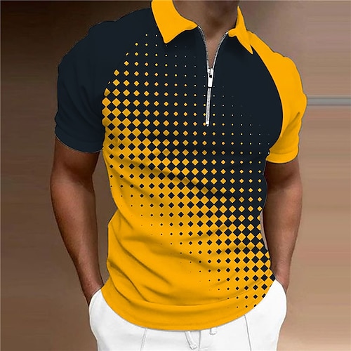 

Men's Collar Polo Shirt Golf Shirt Geometry Turndown Yellow 3D Print Outdoor Street Short Sleeves Zipper Print Clothing Apparel Fashion Designer Casual Breathable / Summer / Spring / Summer