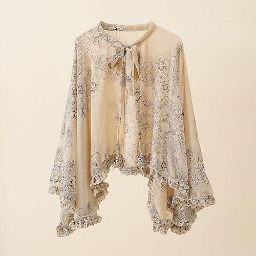 

Spring Summer New Flower Print Lace Up White Shawl Ruffle Edge Pullover Women Cloak Sunscreen Lady Poncho Capes
