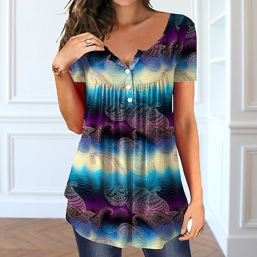 

Women's T shirt Tee Tunic Purple Paisley Button Print Short Sleeve Casual Weekend Basic V Neck Long Painting S