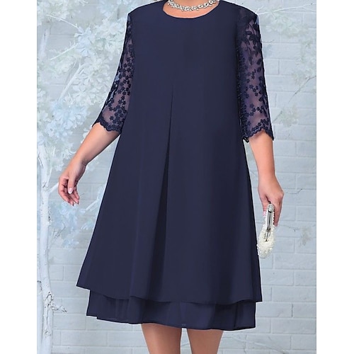 

Women's Plus Size Holiday Dress Solid Color Crew Neck Lace Half Sleeve Fall Spring Work Midi Dress Party Work Dress