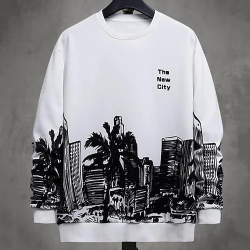 

Men's Sweatshirt Pullover Graphic Patterned Building Print Daily Sports Streetwear 3D Print Casual Big and Tall Hoodies Sweatshirts White