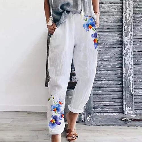 

Women's Chinos Pants Trousers Linen / Cotton Blend Green Blue Dark Blue Mid Waist Fashion Casual Weekend Side Pockets Print Micro-elastic Full Length Comfort Flower / Floral S M L XL