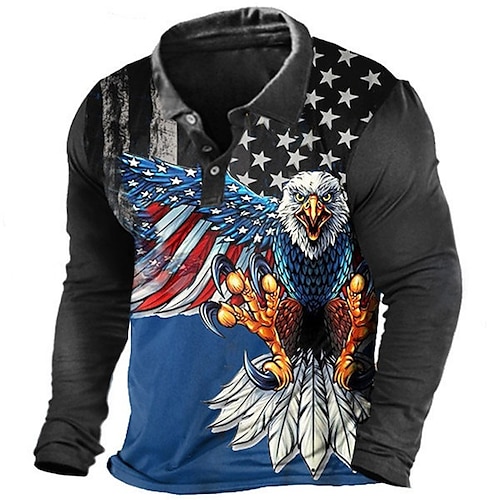 

Men's Collar Polo Shirt Golf Shirt Eagle National Flag Turndown Gray 3D Print Outdoor Street Long Sleeve Button-Down Print Clothing Apparel Fashion Casual Breathable