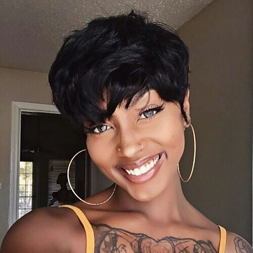 

Human Hair Wig Short Wavy Pixie Cut Natural Black Adjustable Natural Hairline For Black Women Machine Made Capless Chinese Hair All Natural Black #1B 6 inch Daily Wear Party & Evening