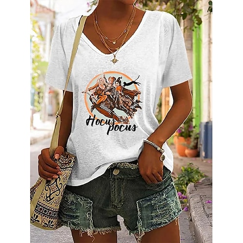 

Women's T shirt Tee Graphic Patterned Letter Halloween Casual Daily T shirt Tee Short Sleeve Print V Neck Basic Green White Blue S