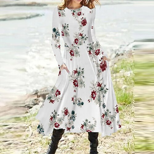 

Women's A Line Dress Midi Dress White Long Sleeve Floral Pocket Print Fall Spring Round Neck Casual Vacation 2022 S M L XL XXL 3XL