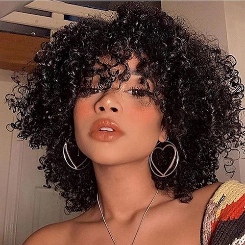 

Human Hair Wig Short Medium Length Curly Natural Straight With Bangs Natural Designers Natural Hairline African American Wig Capless Brazilian Hair Women's Natural Black #1B 10 inch Christmas Gifts