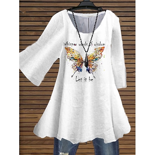 

Women's Plus Size Tops Blouse Shirt Butterfly Letter Print 3/4 Length Sleeve Crewneck Streetwear Daily Holiday Cotton Spandex Jersey Fall Spring White