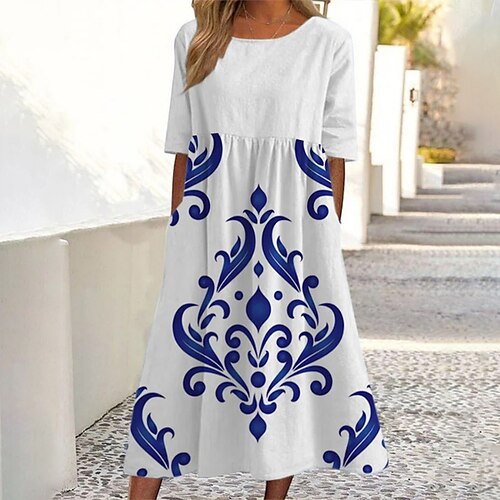 

Mulheres Vestido casual Vestido Swing Vestido midi Preto Azul Azul Claro Meia Manga Floral Imprimir Primavera Verão Gola Redonda Ajuste Largo 2022 S M L XL XXL 3XL