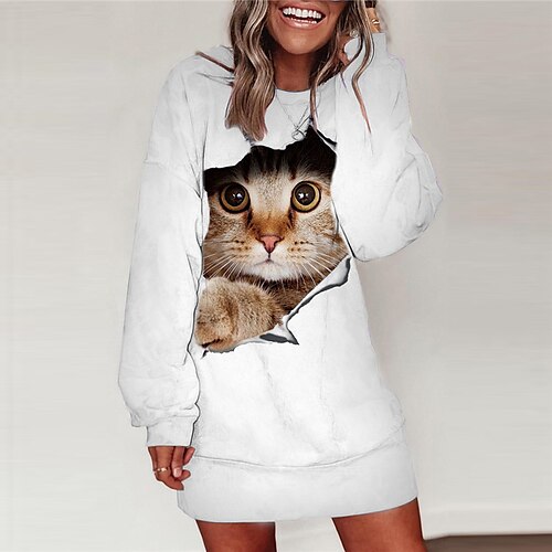 

Women's Shift Dress Short Mini Dress Green White Blue Gray Long Sleeve Cat Animal Print Fall Spring Round Neck Casual Loose 2022 S M L XL XXL 3XL