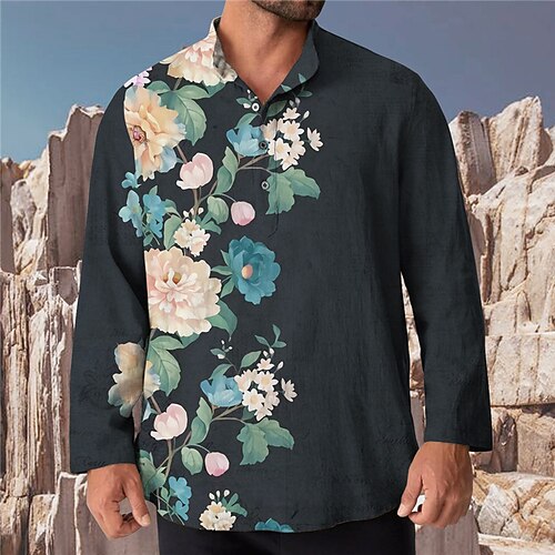 

Men's Shirt 3D Print Floral Stand Collar Casual Daily Button-Down Print Long Sleeve Tops Designer Casual Fashion Comfortable Dark Gray / Sports