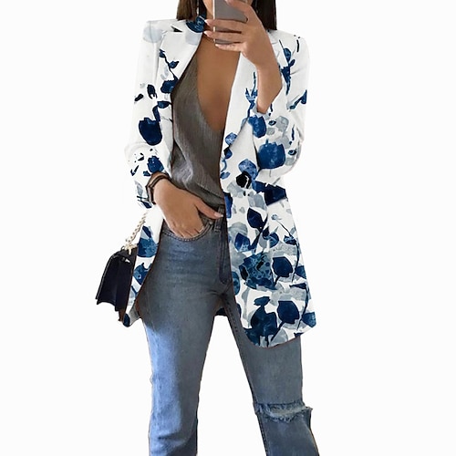 

Women's Blazer Office Street Work Spring Fall Regular Coat Regular Fit Breathable Stylish Formal Style Modern Style Jacket Long Sleeve Floral with Pockets Print White
