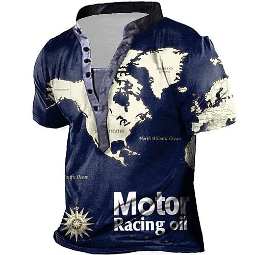 

Men's Henley Shirt Tee T shirt Tee 3D Print Graphic Patterned Map Plus Size Stand Collar Daily Sports Button-Down Print Short Sleeve Tops Designer Basic Casual Big and Tall Blue / Summer / Summer
