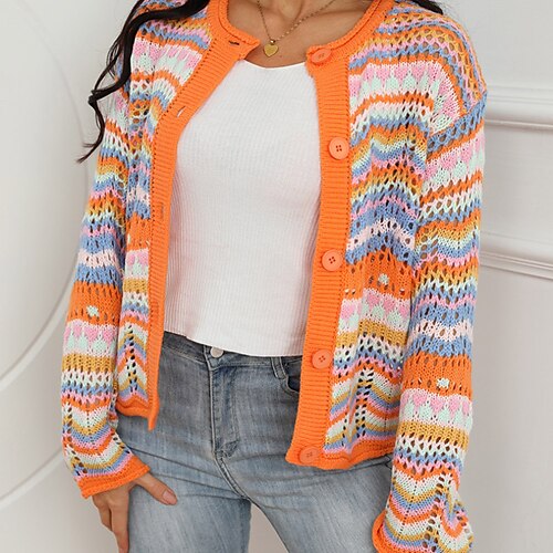 

Women's Cardigan Sweater Jumper Crochet Knit Knitted Patchwork Rainbow Crew Neck Stylish Casual Holiday Going out Fall Winter Green Black S M L / Long Sleeve