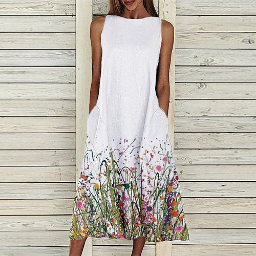 

Women's Casual Dress Midi Dress White Sleeveless Floral Pocket Spring Summer Crew Neck 2022 S M L XL XXL 3XL