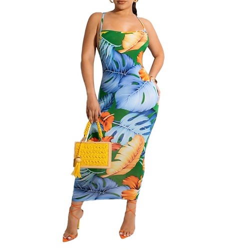 

Women's Bodycon Midi Dress Blue Sleeveless Floral Patchwork Print Summer Spaghetti Strap Casual Vacation 2022 S M L XL XXL