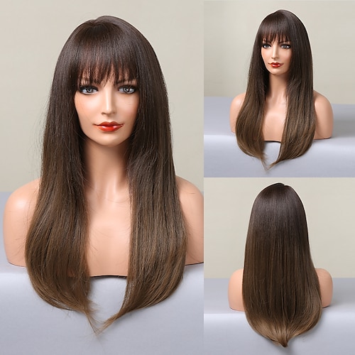 

HAIRCUBE Ombre Brown Black Blonde Long Kinky Straight Wigs With Bangs for Women Daily