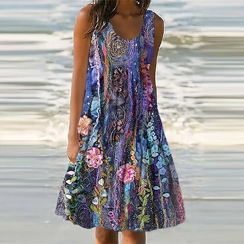 

Women's Casual Dress Shift Dress Sundress Midi Dress Purple Sleeveless Floral Pocket Spring Summer U Neck 2022 S M L XL XXL 3XL