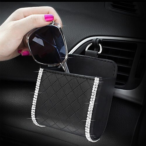 

Car Air Vent Storage Bag Organizer Pocket Bling Driver Pockets Handmade Crystal Rhinestone Patterned Air Vent Phone Holder Sunglass Coin Key Card Case Organizer with Hook- Black