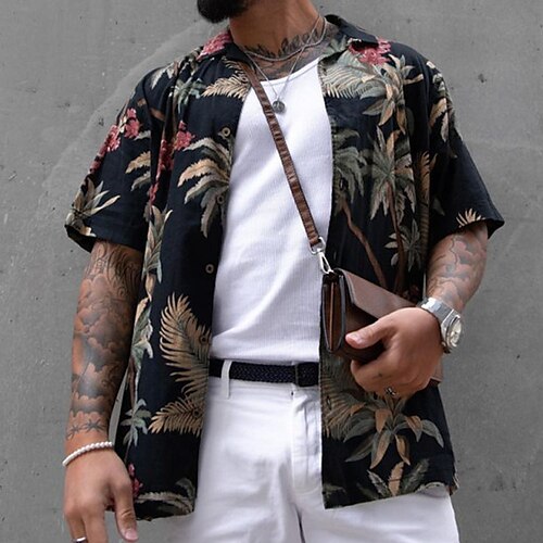 

Men's Shirt Print Leaves Turndown Street Daily Button-Down Print Short Sleeve Tops Casual Fashion Breathable Comfortable Black