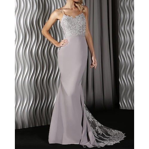 

Mermaid / Trumpet Evening Dresses Elegant Dress Prom Sweep / Brush Train Sleeveless Spaghetti Strap Satin with Appliques Pure Color 2022