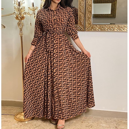 

Women's Casual Dress Swing Dress Long Dress Maxi Dress Black Blue Brown Long Sleeve Geometric Patchwork Winter Fall Autumn Shirt Collar Fashion Winter Dress Weekend Fall Dress 2022 S M L XL XXL
