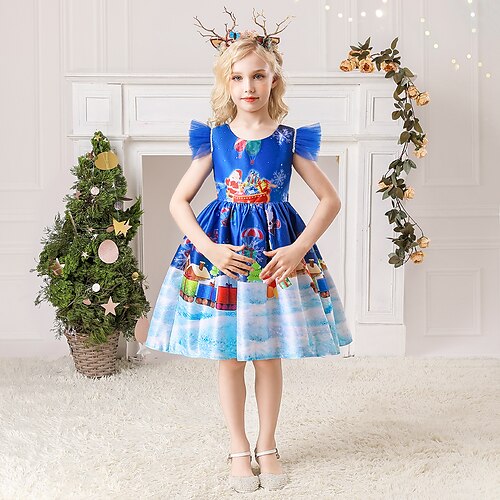 

Kids Little Girls' Dress Santa Claus A Line Dress Party Special Occasion Print Blue Knee-length Short Sleeve Princess Cute Dresses Spring Summer Slim 3-10 Years