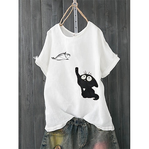 

Women's T shirt Tee Cat Casual Weekend Cat Painting T shirt Tee Short Sleeve Print Round Neck Basic Essential White Navy Blue M