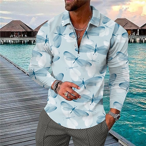 

Men's Collar Polo Shirt Golf Shirt Animal Dragonfly Turndown Blue 3D Print Casual Daily Long Sleeve Button-Down Print Clothing Apparel Fashion Designer Casual Breathable / Sports