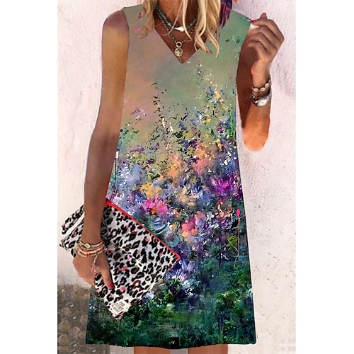 

Women's Shift Dress Short Mini Dress Green Orange Sleeveless Floral Color Gradient Print Spring Summer V Neck Casual Vacation 2022 S M L XL XXL 3XL