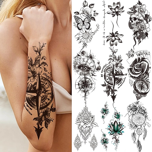 

9 PCS Compass Flower Temporary Tattoos For Women Girls Black Lotus Arrow Arm Tattoo Sticker Fake Drearm Catcher Butterfly Tatoos Paste