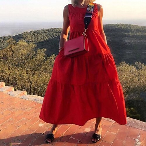 

Women's Swing Dress Midi Dress Green Red Sleeveless Pure Color Ruched Pocket Spring Summer Round Neck Casual Vacation 2022 S M L XL XXL