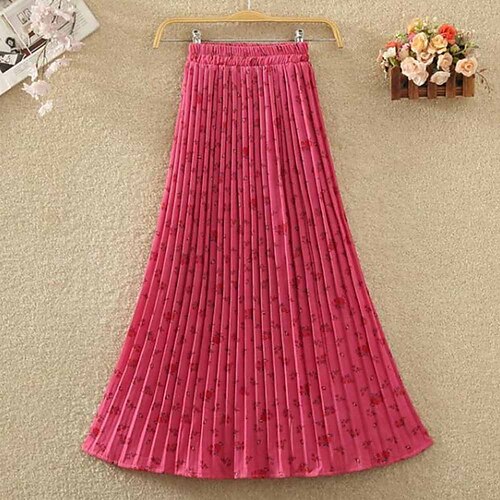 

Women's Skirt Swing Maxi Chiffon Fuchsia Khaki Black Skirts Pleated Print Fashion Holiday Weekend One-Size / Loose Fit