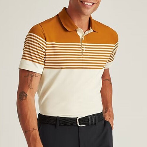 

Men's Collar Polo Shirt Golf Shirt Striped Turndown Orange 3D Print Outdoor Street Long Sleeve Button-Down Print Clothing Apparel Fashion Casual Breathable