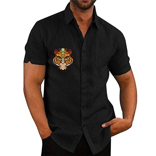 

Men's Shirt Solid Color Tiger Turndown Street Casual Button-Down Print Half Sleeve Tops Designer Casual Fashion Breathable Sea Blue White Black / Summer