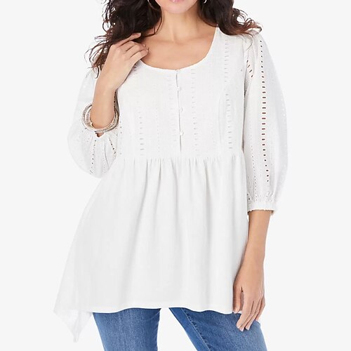 

Women's Peplum Plain Daily Weekend Peplum Shirt 3/4 Length Sleeve Cut Out Flowing tunic Round Neck Casual Streetwear White Blue Khaki S